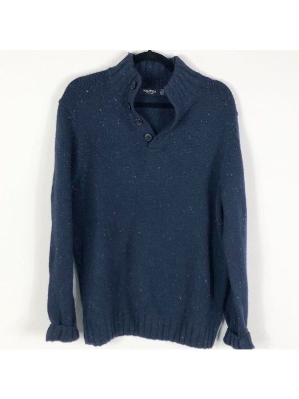 Nautica Navy Cowl Neck Sweater Marble Knit 4-Button Size Medium